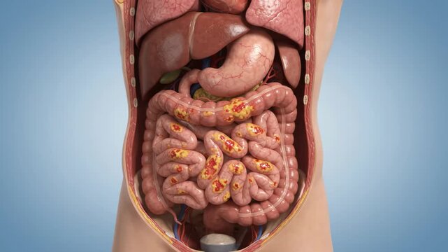 Human digestive system with inflamed intestines, illustrating Crohn's disease or ulcerative colitis, medical 3D rendering.