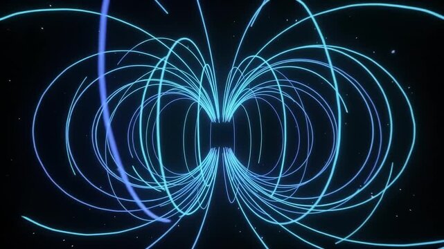 Glowing neon magnetic field lines visualising electromagnetic torus flux in 3D motion