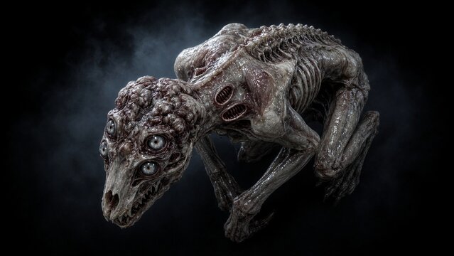 Alien skeleton monster creature with multiple eyes in dark background for halloween season event