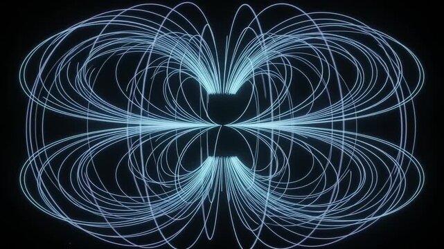 Symmetrical electromagnetic field pattern with luminous curved neon flux lines rotating slowly