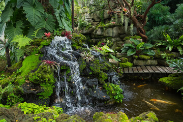 Tranquil Tropical Oasis: A serene waterfall cascades into a clear pond adorned with vibrant koi fish, surrounded by lush, exotic foliage and moss-covered stones. © bubbers