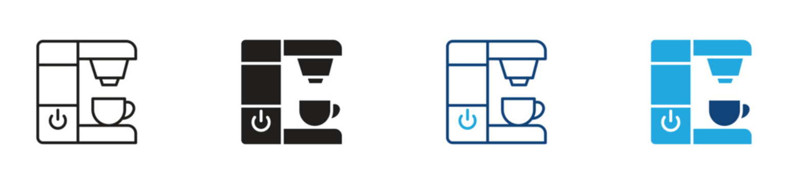 Coffee Maker Icon Set. Coffee Machine Brewing Espresso Kitchen Appliance Beverage Preparation and Cafe Symbols. Vector Illustration