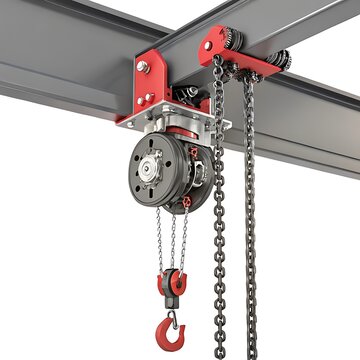 Industrial chain hoist mounted on metal beam with hook
