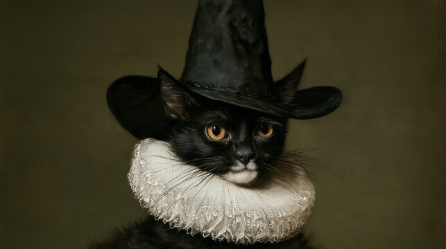 Black cat wearing a large hat and a white ruff stands against a dark backdrop in an artistic portrayal
