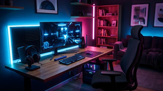 Modern gaming room with neon LED lighting, professional PC setup on wooden desk, futuristic gamer workspace with blue and pink glow