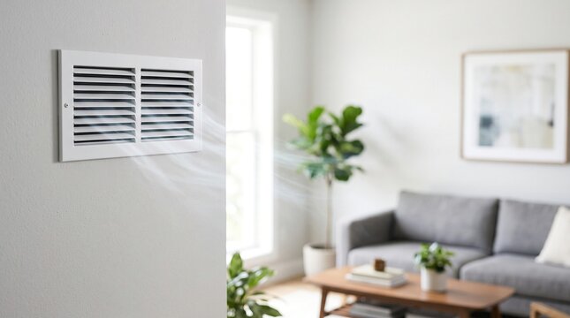 Modern white air vent grille with fresh cool airflow stream on indoor wall, representing residential climate control, HVAC Installation and domestic energy efficiency system.