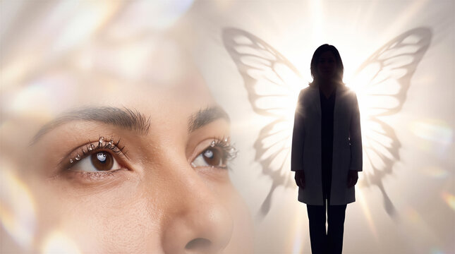 Close up of human eyes and silhouette of woman standing before large butterfly shape, ethereal lighting and glowing effect. Beauty, wellness, metamorphosis, spirituality.