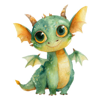 A small green dragon with large eyes and tiny wings poses cheerfully with its arms open, inviting a sense of joy