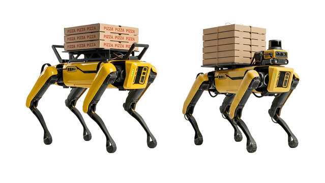 Robotic quadruped delivery dogs carry cardboard pizza boxes on an isolated transparent background for modern automation.