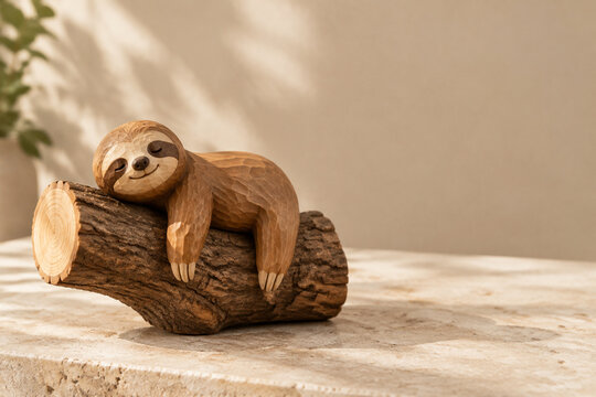 Wooden sloth figurine hanging on tree branch, nature craft concept