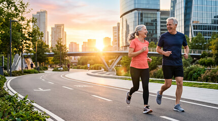 Fototapeta premium Senior man and woman running together on urban paved path at sunset, city skyline in background, happy active lifestyle. Fitness, wellness, healthy aging, outdoor exercise.