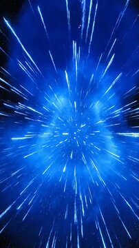 Blue energy sphere explosion in dark starry space