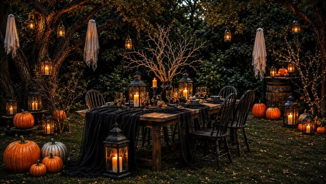 Halloween garden dining table with pumpkins, lanterns and hanging ghost decorations