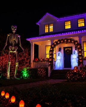 House covered in Halloween lights with giant skeleton and glowing ghost doorway