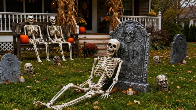 Skeleton graveyard display with tombstones and pumpkins in a Halloween front yard