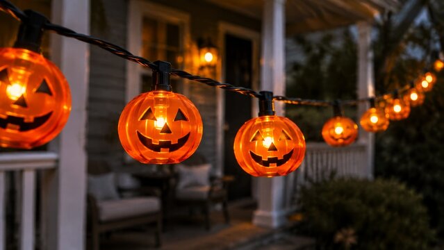 String of glowing pumpkin lanterns hanging across a Halloween porch