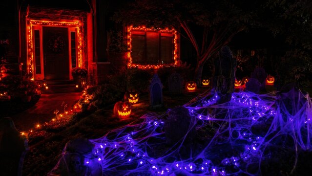 Red and purple Halloween lights illuminate giant cobwebs, tombstones and pumpkins in a yard