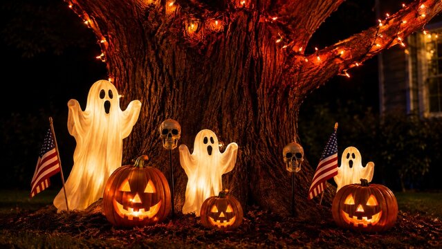 Glowing ghost figures and jack-o'-lanterns gathered beneath an illuminated tree