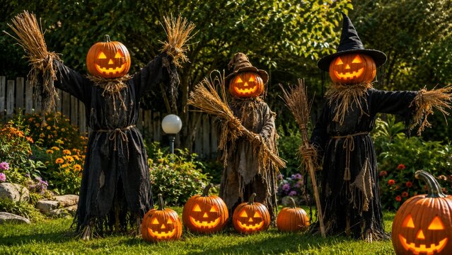 Three pumpkin-headed scarecrows standing among jack-o'-lanterns in a Halloween garden