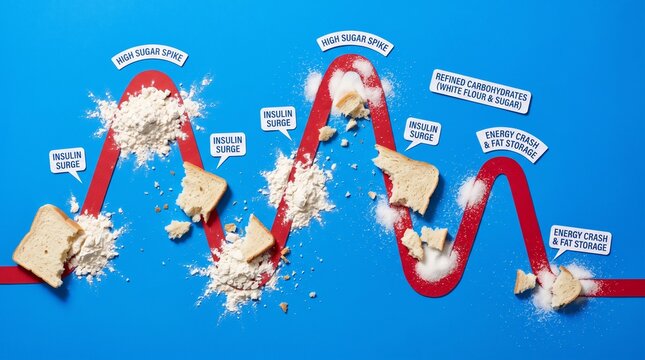 Creative blood sugar spike infographic with bread and red ribbon.