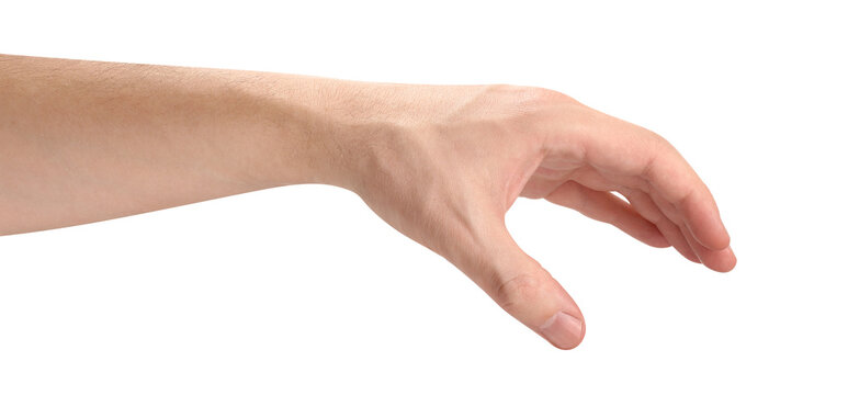 Male hand in grabbing gesture, isolated on transparent cutout background