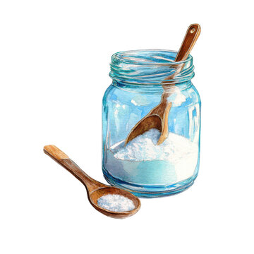 A glass jar holds white salt with a wooden spoon resting beside it. The setting is simple and clean
