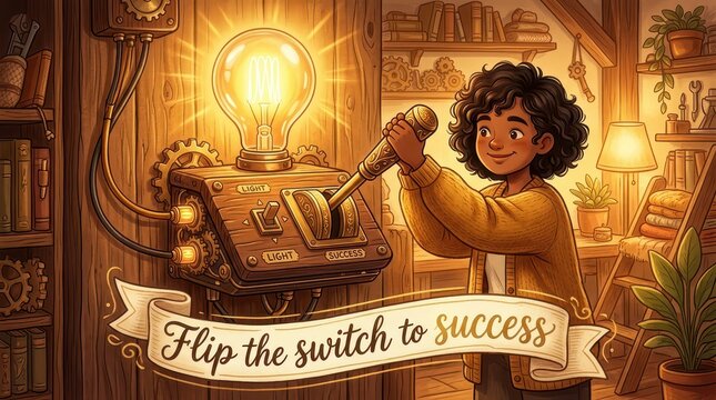 Young inventor flips switch to power an idea, light bulb illuminates in workshop, concept of innovation, creativity, success