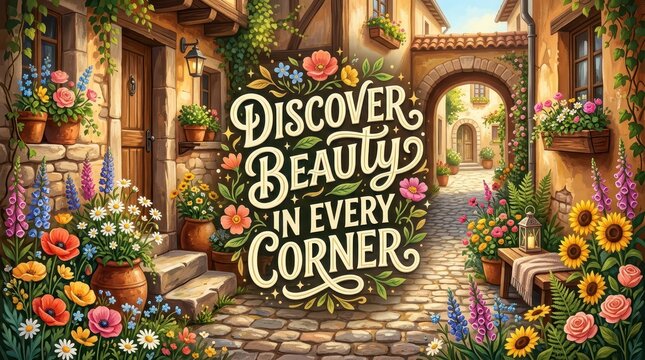 Whimsical European Courtyard Scene with Floral Decor and Inspirational "Discover Beauty" Message