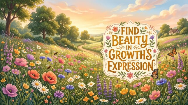 Whimsical Field of Wildflowers with Butterflies and Inspiring Quote "Find Beauty in Growth's Expression"