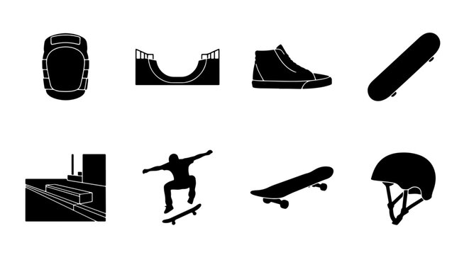 Skateboarding Icons Set: Skater, Half Pipe, Skate Shoes, Helmets, Skateboards, Ramps, Street Style Graphics, Vector Collection
