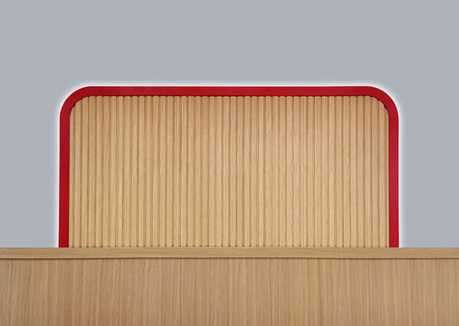 Modern fluted wood panel with red curved frame and backlight decoration.