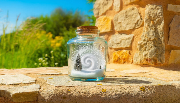 Glass Bottle with Snowstorm Inside on Sunny Stone Wall