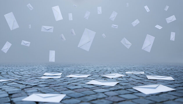 White Envelopes Falling from Grey Winter Sky