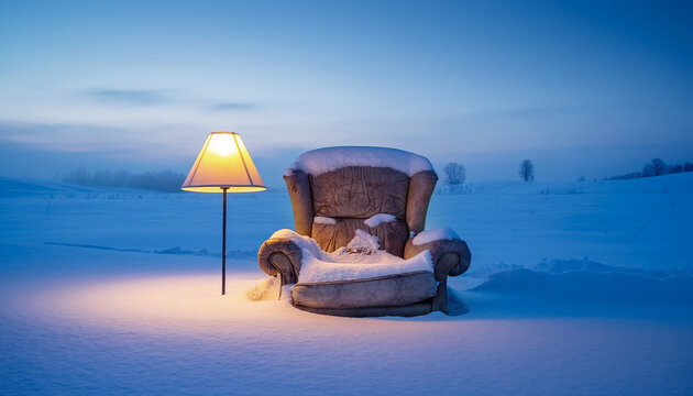 Leather Armchair with Glowing Lamp in Snowy Winter Field