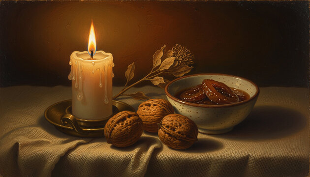 Painterly Autumn Harvest Still Life with Candle and Walnuts