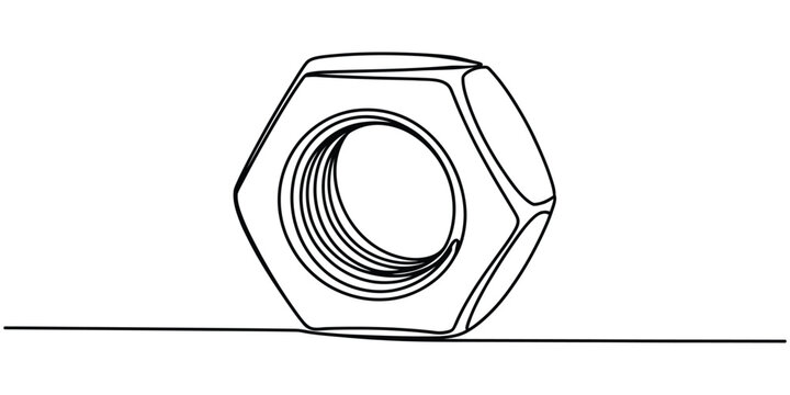 Simple line art drawing of a metal hex nut isolated on a white background Vector, illustration
