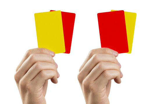 Set of hands showing red and yellow referee cards, isolated on transparent cutout background