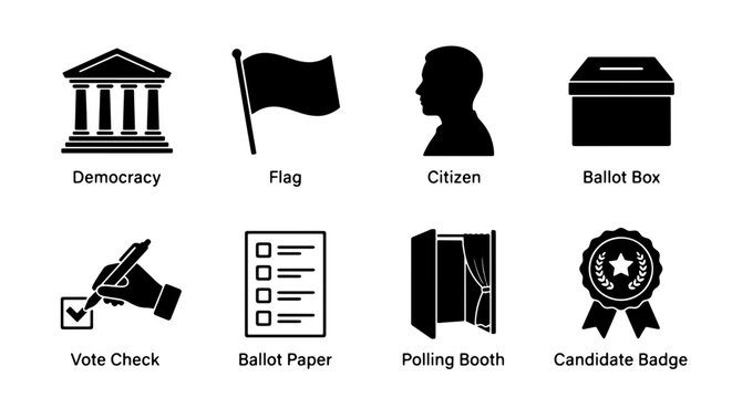 Election Icons Set: Democracy, Voting, Ballot Box, Candidate Badge, Polling Booth, Citizen, Vote Check, Ballot Paper, Flag Graphics
