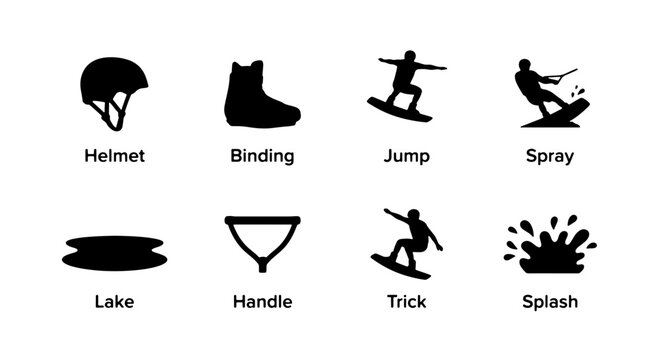 Water Sports Icons Set: Helmet, Binding, Jump, Spray, Lake, Handle, Trick, Splash Vector Graphics for Extreme Activity Design