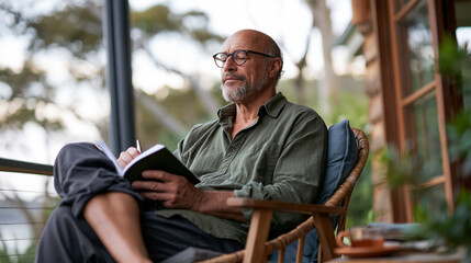 Fototapeta premium Realistic photograph of a man journaling quietly on a porch with a cup of tea nearby, early morning outdoor light, candid documentary style,