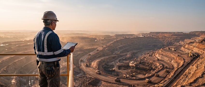 Mining Engineer Using Digital Tablet at Open Pit Mine