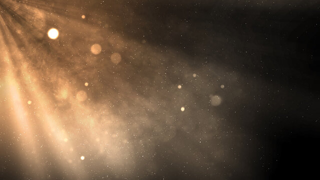 Warm golden light rays shining from the top-left with glowing bokeh circles, dust particles, and misty haze on a dark background. Smoke background