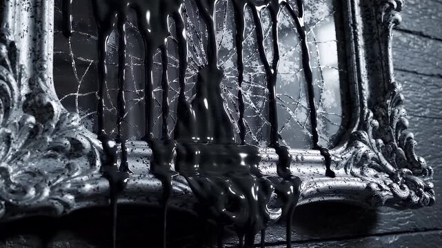 Dark liquid dripping from a broken vintage mirror with an ornate silver frame in a creepy monochrome atmosphere