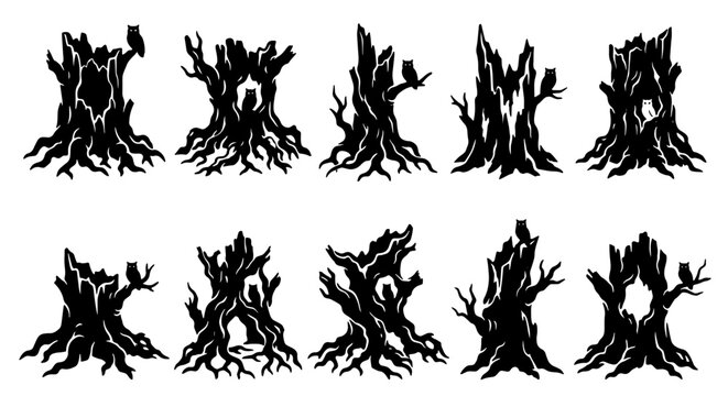 Gothic Spooky Dead Tree Silhouettes, Creepy Haunted Forest Elements, Dark Fantasy Woodland Icons, Horror Nature Vector Set