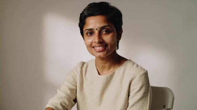 Shifting head toward camera, woman smiling on white chair in studio wearing beige top and bindi