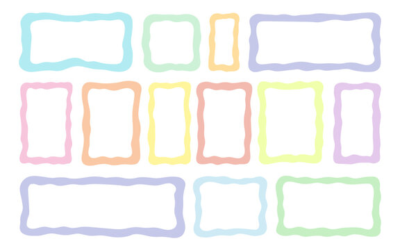 Frame Rectangle Wavy Shape Organic Line Border Set. Soft Pastel Color Hand Drawn Frames For Playful Kids Sticker Label Design. Text Box Elements Bright Cute Decoration Layouts. Vector Illustration