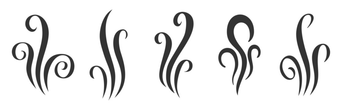 Doodle Steam or Smoke Black Thick Wavy Line Silhouette Set. Aroma or Smell Coffee, Tea, Hot Cooking Food, Fragrance Perfume. Fart Scent Icon. Abstract Grill, Vapor or Heat Cook Hand Drawn Vector Logo