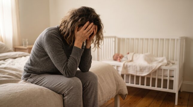 Postpartum depression exhausted mother crying near baby crib