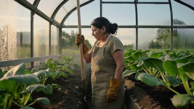 Pressing shovel into soil, woman wearing apron, gloves in greenhouse, dawn light leading soil check