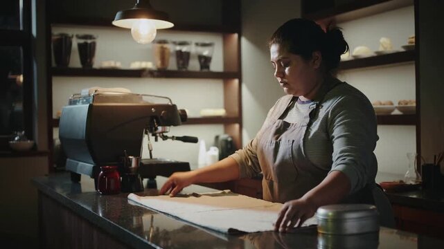 Reaching for tin, barista in apron longsleeve smoothing cloth on cafe counter near espresso